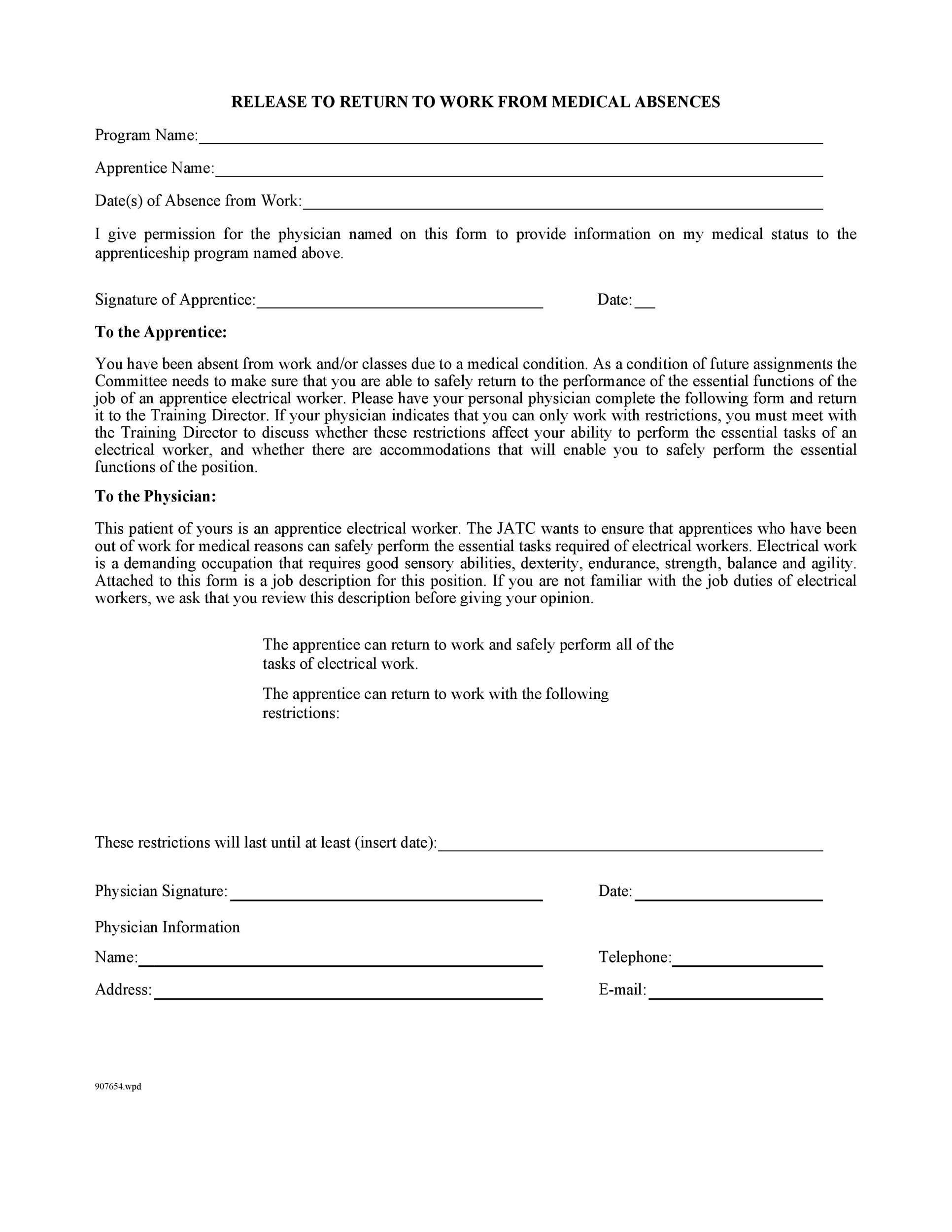 Note that states the employee is not contagious before returning to work for safety precautions. 49 Best Return To Work & Work Release Forms á TemplateLab