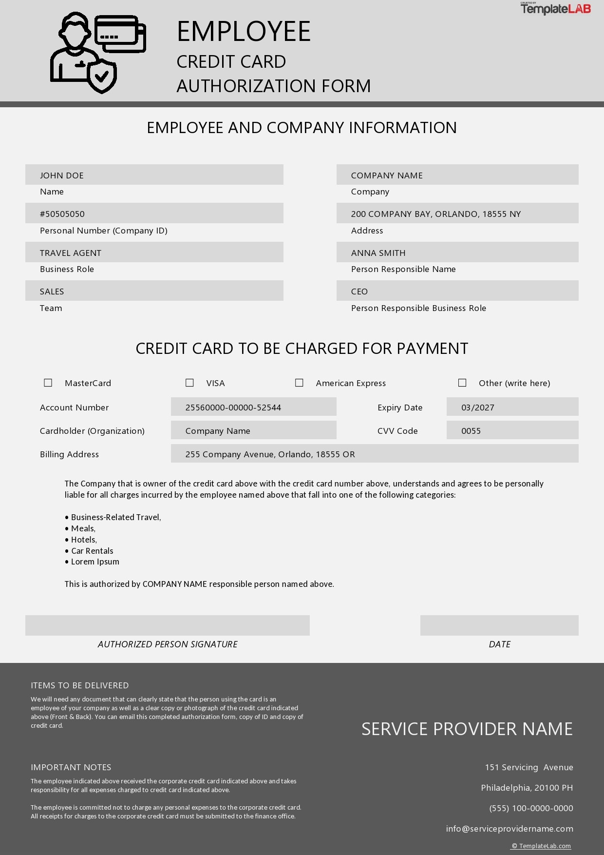 Order Form With Credit Card Template