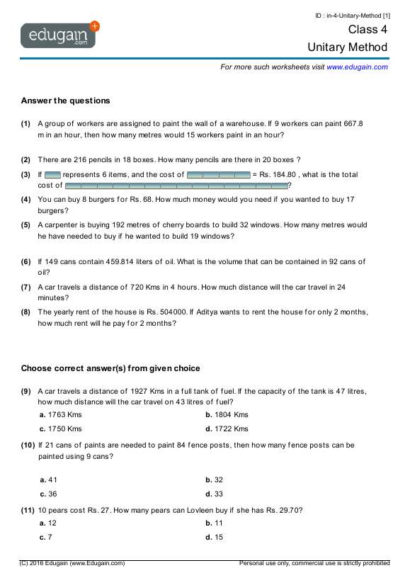 Please click the following links to get math printable math worksheets for grade 9. Grade 4 Unitary Method Math Practice Questions Tests Worksheets Quizzes Assignments Edugain Thailand