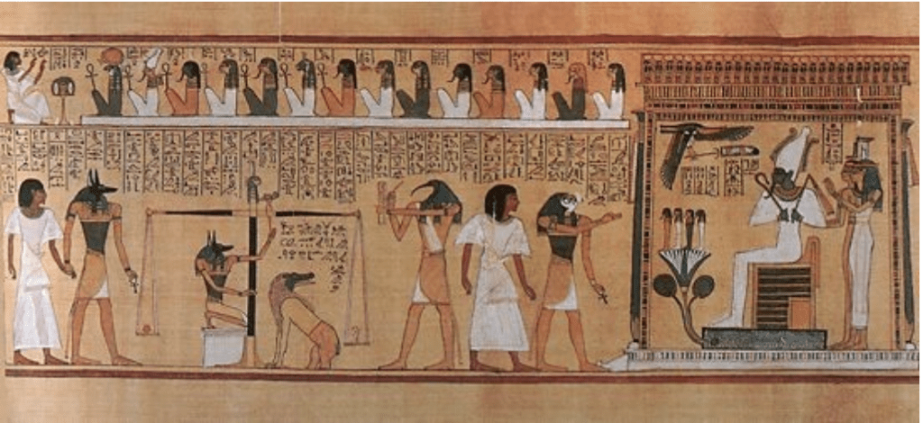 Papyrus from the Book of the Dead showing judgment of the heart before Osiris Isis Horus Thoth and Anubis