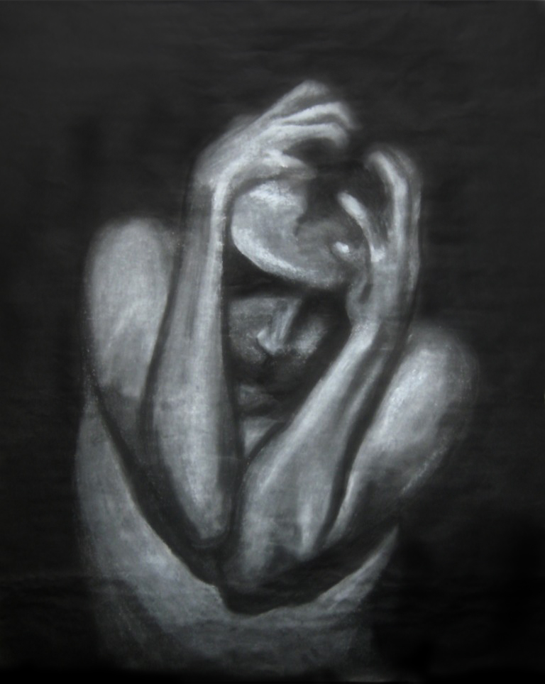 "Contain It" Black and white charcoal on black drawing paper