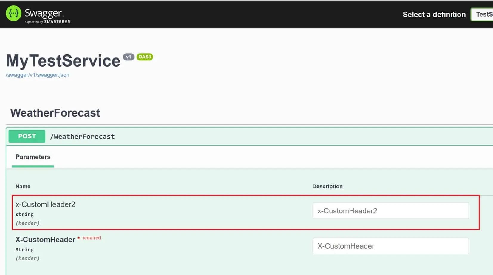 Add a Custom header parameter to NET Core API in Swagger