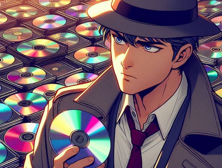 The Glitter Records anime vinyl detective is inspecting the CDs in order to understand the CD revival.