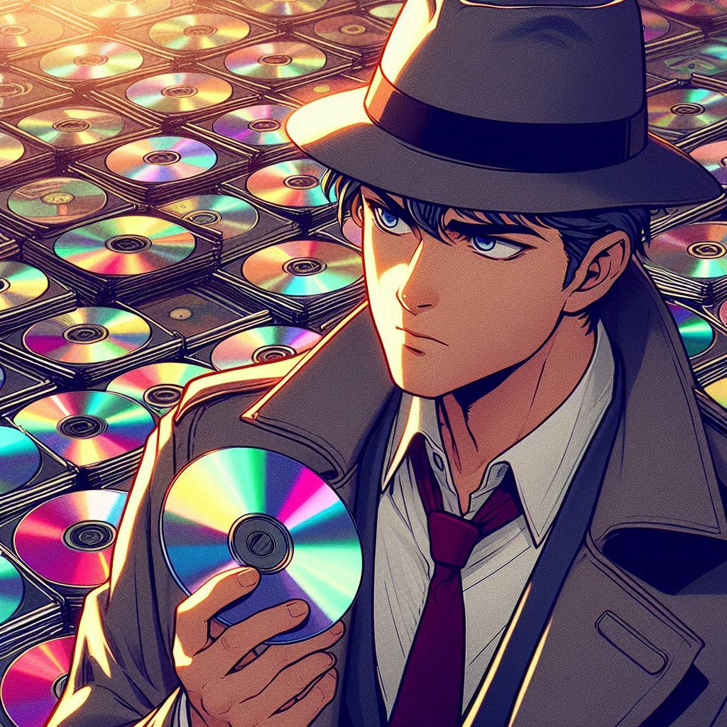 The Glitter Records anime vinyl detective is inspecting the CDs in order to understand the CD revival.