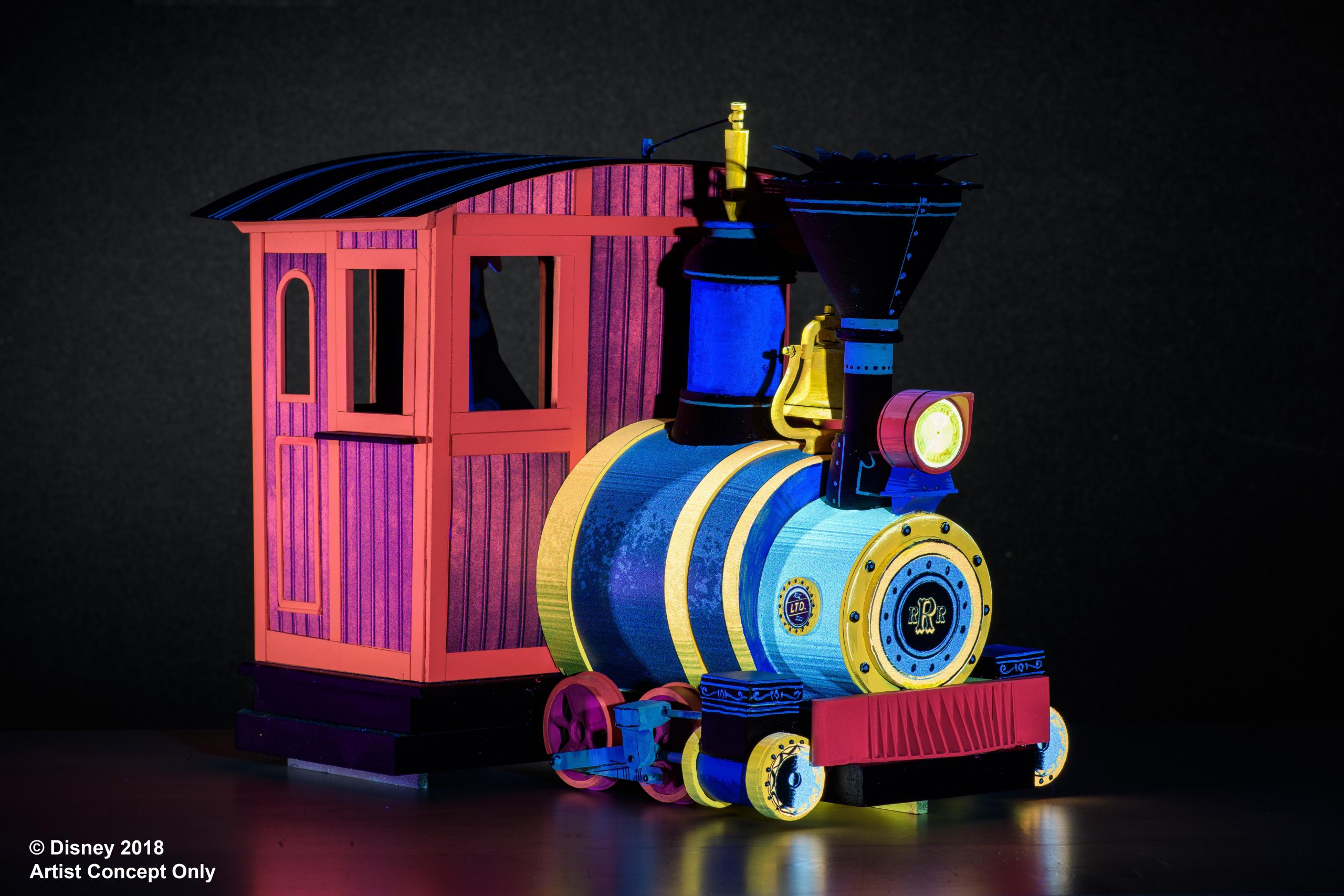White light and black life colourful locomotive macquette for Mickey & Minnie’s Runaway Railway