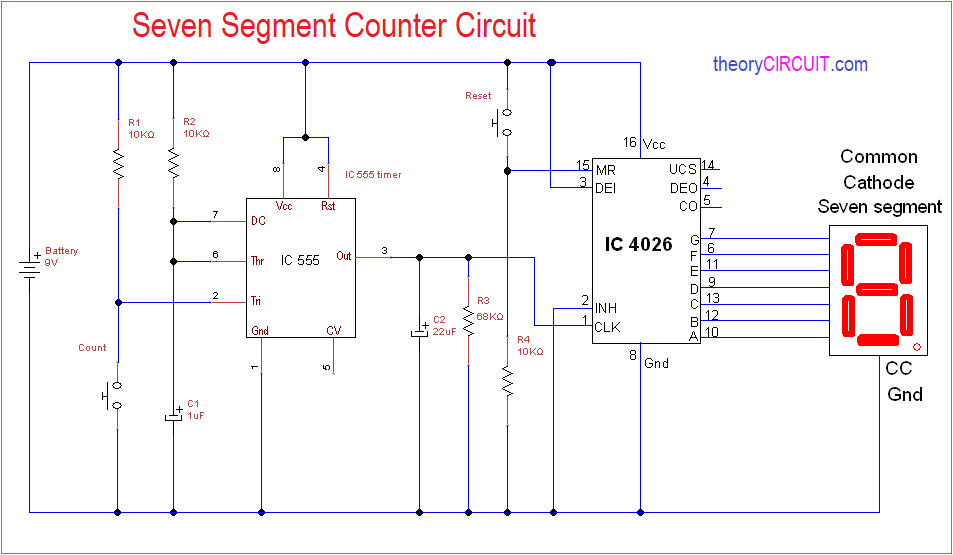 7 Segment Counter Display Circuit Using Ic 555 And Cd4033