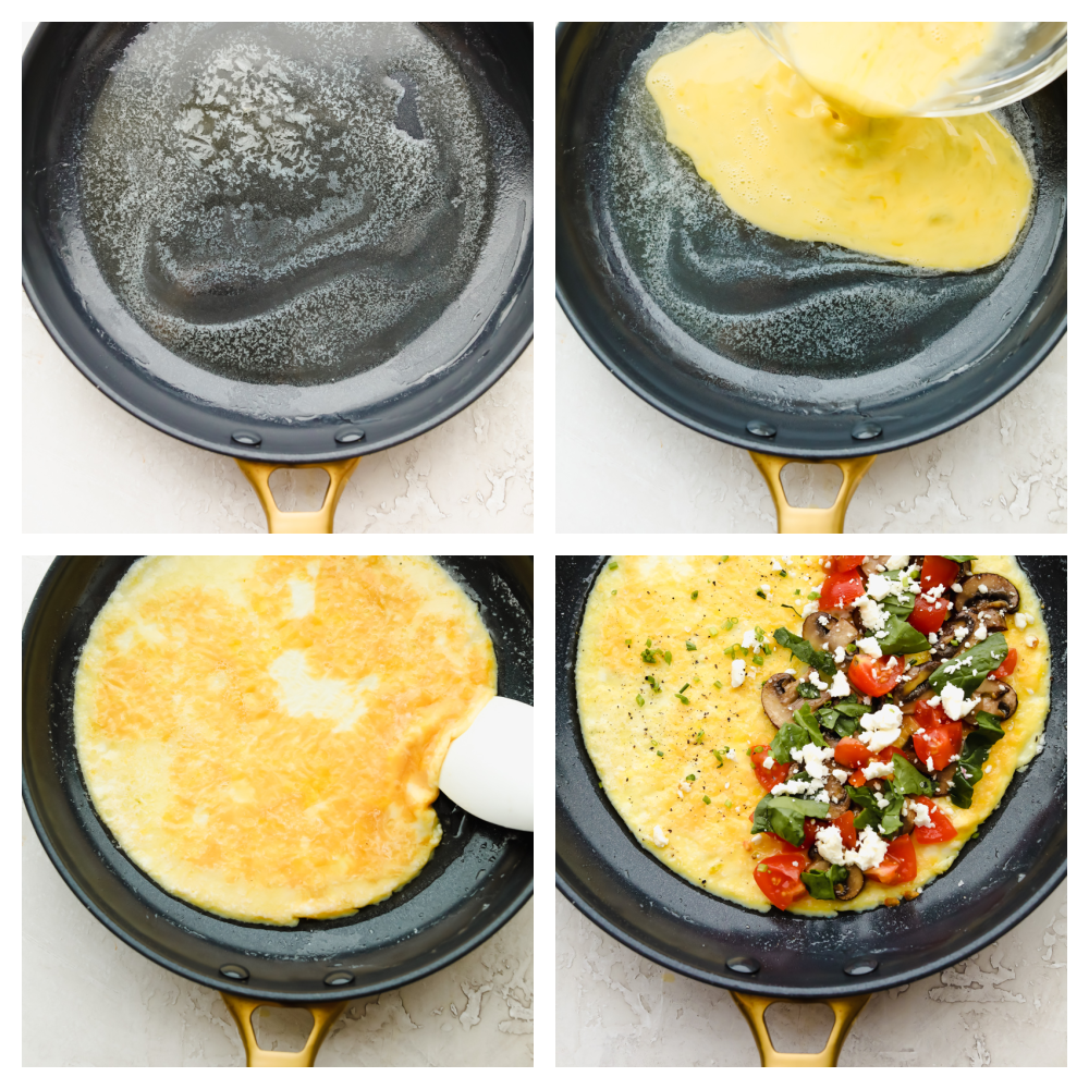 Savory breakfast omelets are so classic and my go to for a home run breakfast! Quick, easy, and delicious, this healthy breakfast option will leave you feeling full and satisfied! Four pictures of the cooking process of an omelet from start to finish.