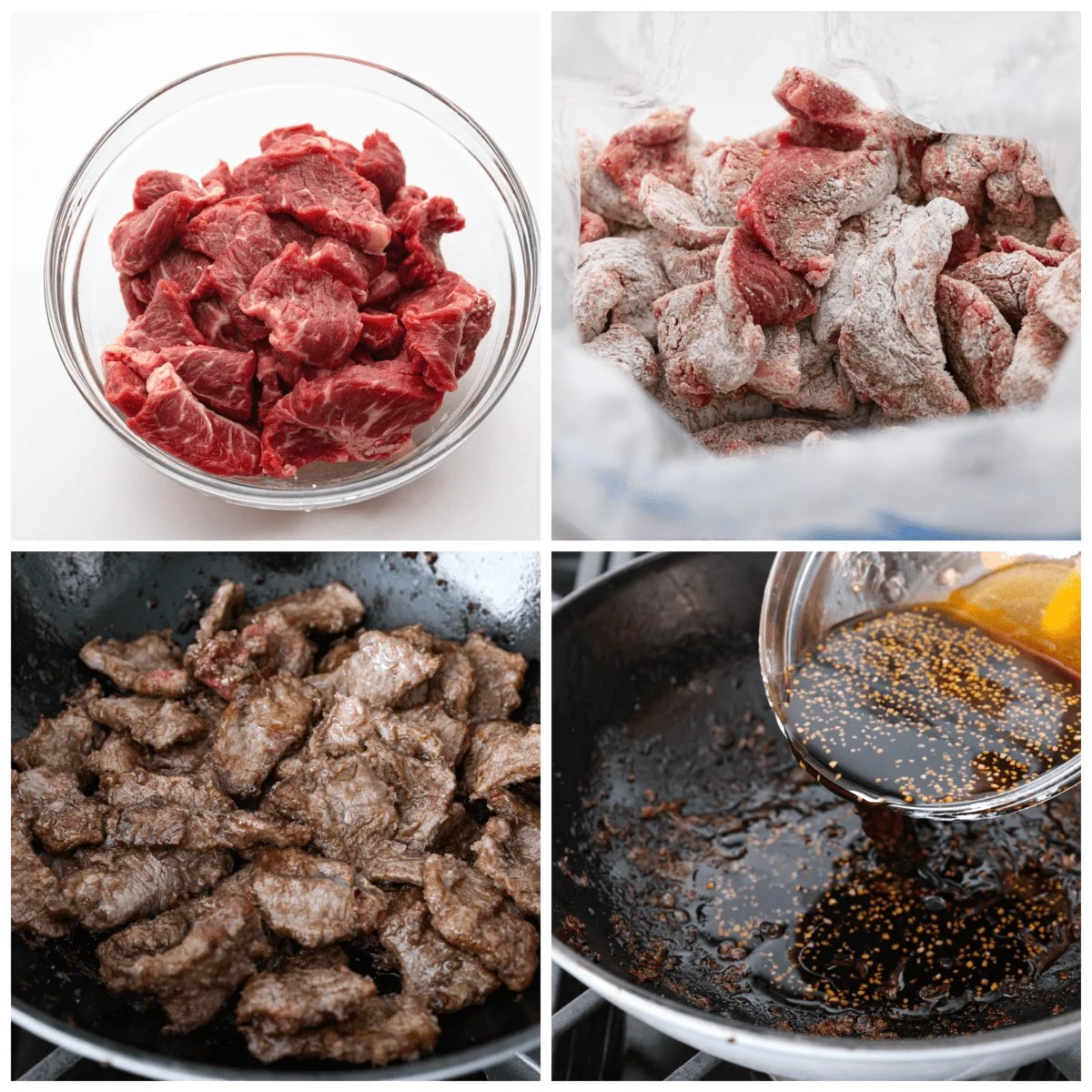 This Mongolian beef is crazy tender with a crispy seared edge that gets coated in a bold sticky sauce. It's way better than P.F. Changs and so easy to make at home! 4-photo collage of beef being cooked and coated in a homemade sauce.