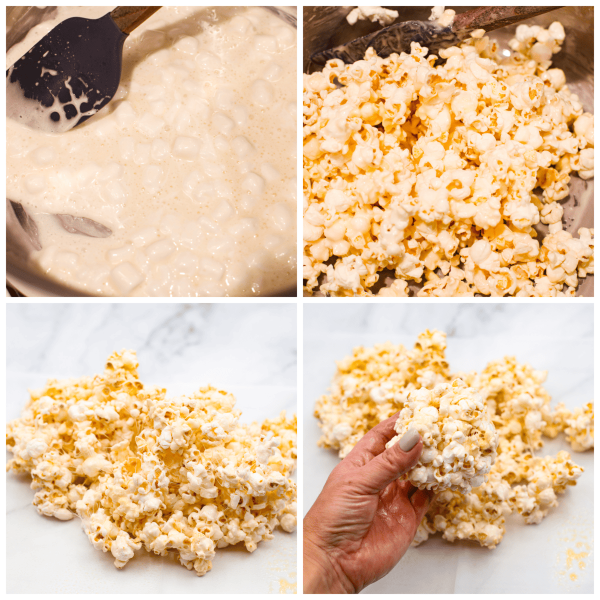 These popcorn balls are a tasty snack that will win the hearts of kids and adults alike! This recipe has 3 different flavors, marshmallow, peanut butter, and caramel, so there's something for everyone! You're going to love each soft and buttery bite. 4-photo collage of the popcorn balls being formed.
