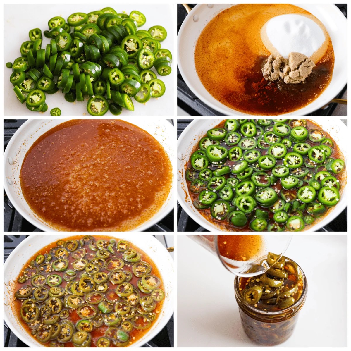 Cowboy candy is a spicy and sweet condiment made from jalapeño peppers. The jalapeños are sliced and simmered in a mix of sugars, vinegar, and spices until they're glossy and deliciously zesty. They're the perfect addition to burgers, sandwiches, hot dogs, you name it! 6-photo collage of the jalapenos being sliced and cooked in a sugar mixture.