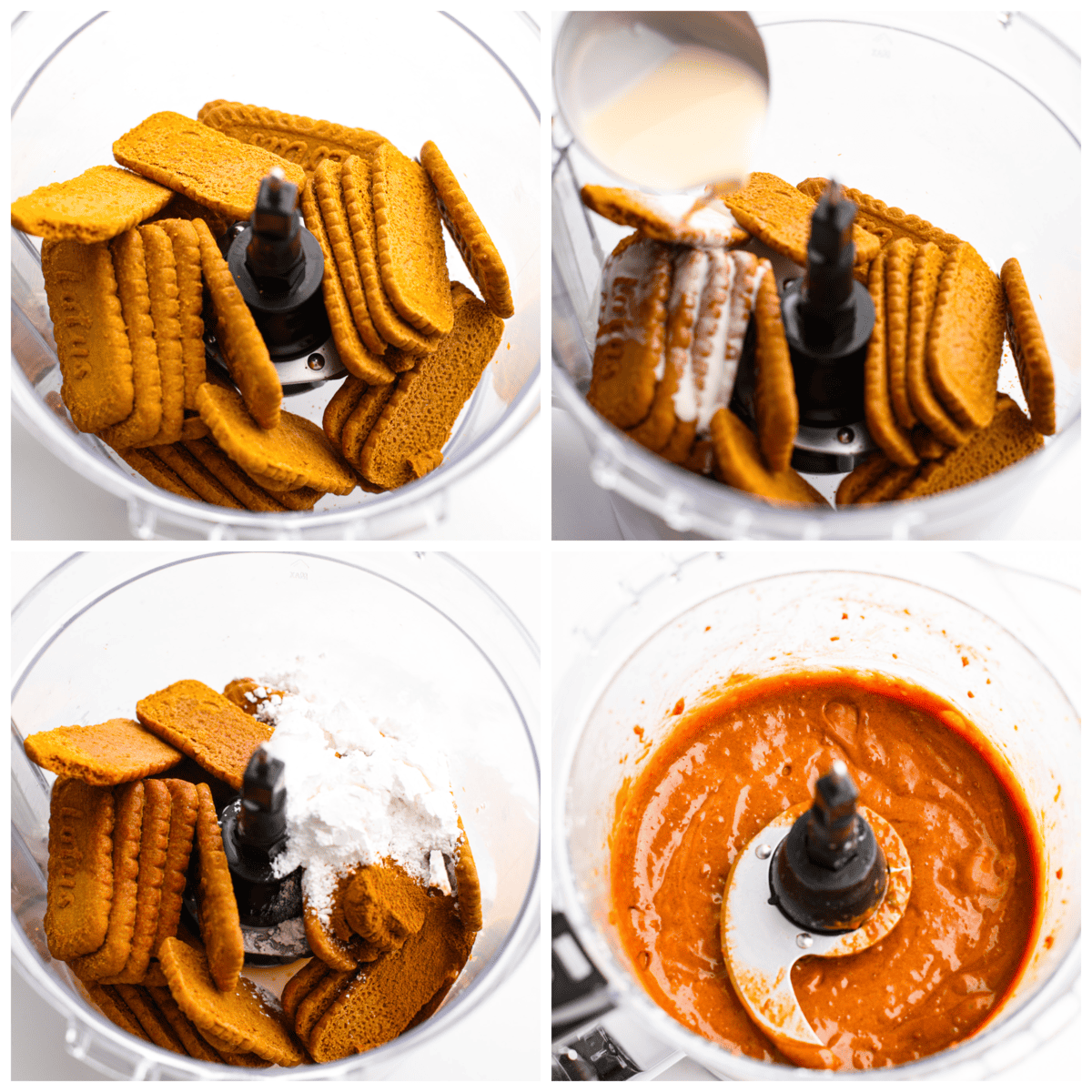 If you love Trader Joe's and you love their cookie butter, you are going to LOVE this recipe. This homemade version tastes exactly like it (except better), and then you can have it on hand all year long! 4 pictures showing how to make the butter in a food processor.