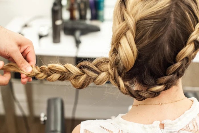 Add hair and place between fingers with original outside strand (red). Beauty Tutorial The Crown Braid Two Ways The Stripe