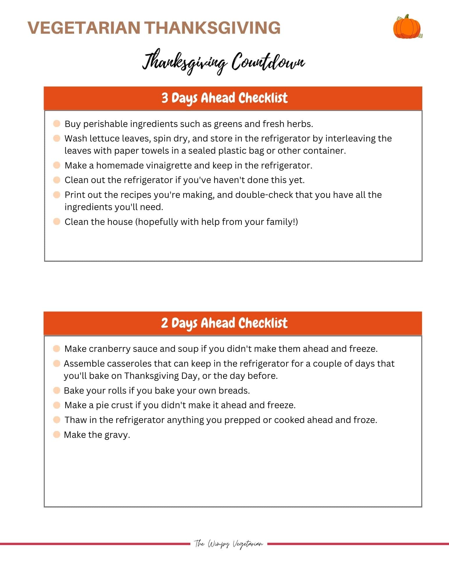 Checklists of things to do 2 and 3 days before Thanksgiving if you're hosting.