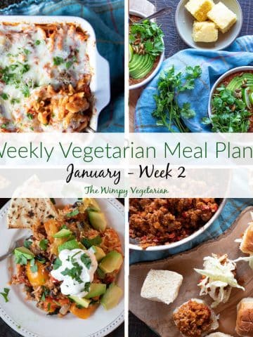Four dinners from the weekly vegetarian meal plan for January, with text overlay.