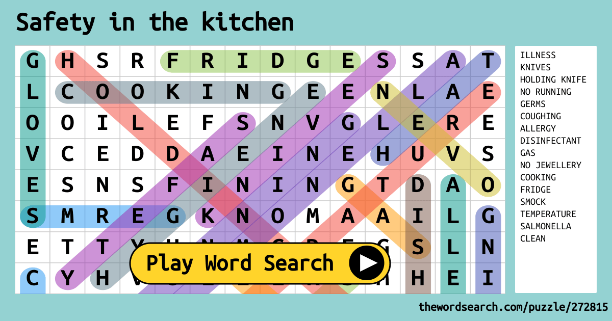 The kitchen is where you create delicious food for your family, but it can also be a dangerous pla. Safety in the kitchen Word Search