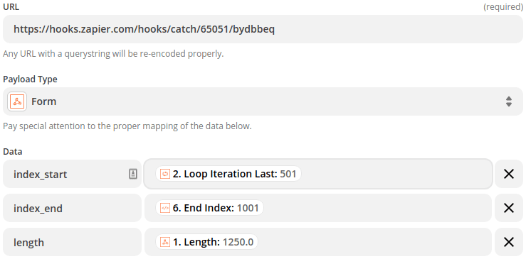 Webhook payload containing the information needed for the next loop iteration