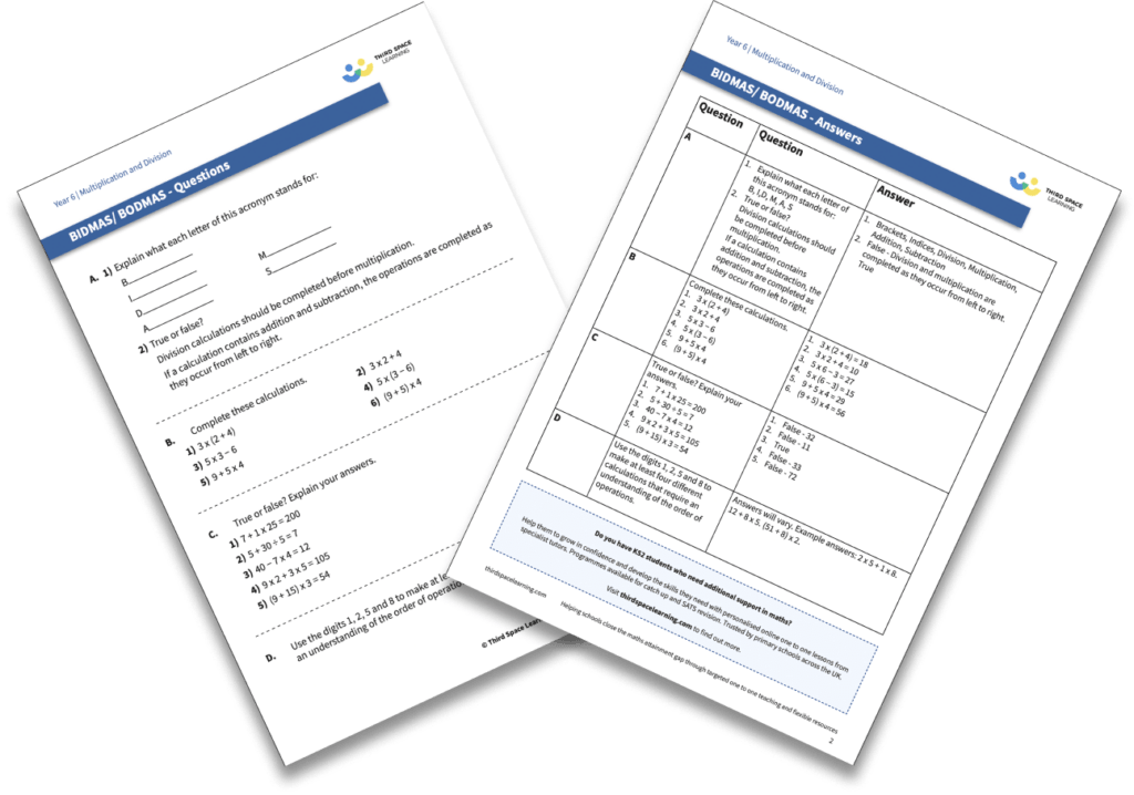 free year 6 bidmas or bodmas worksheet