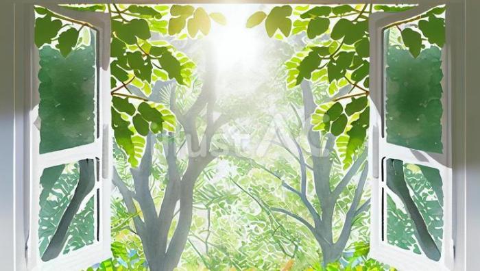 窓に新緑の木漏れ日が射しこむ風景画イラスト - No: 23738377｜無料イラスト・フリー素材なら「イラストAC」