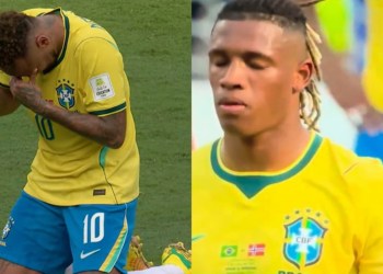 Neymar e Danilo Santos oram em campo após eliminação do Brasil na Copa