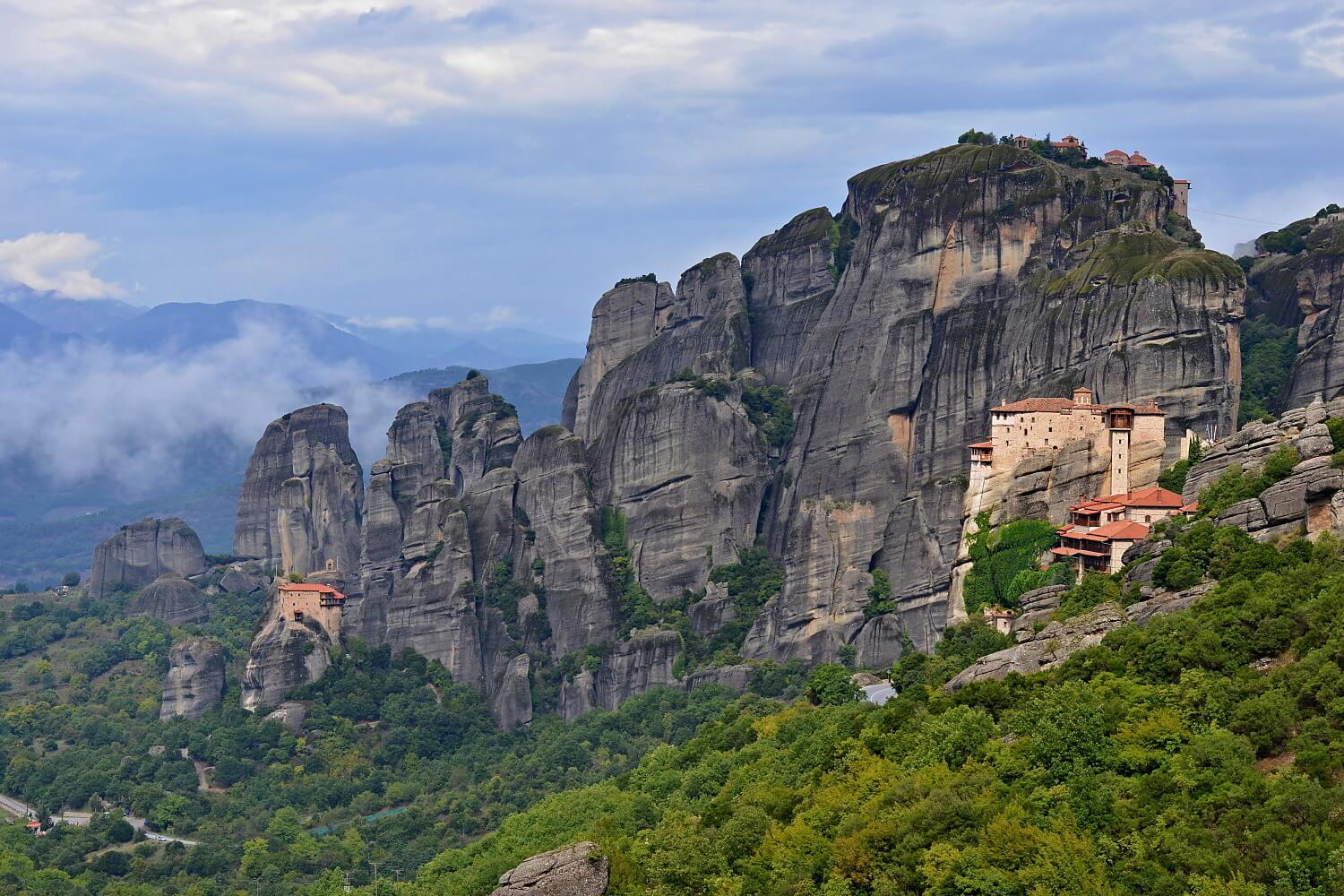 Monasteries nestled in the cliffs of Meteora, Greece.