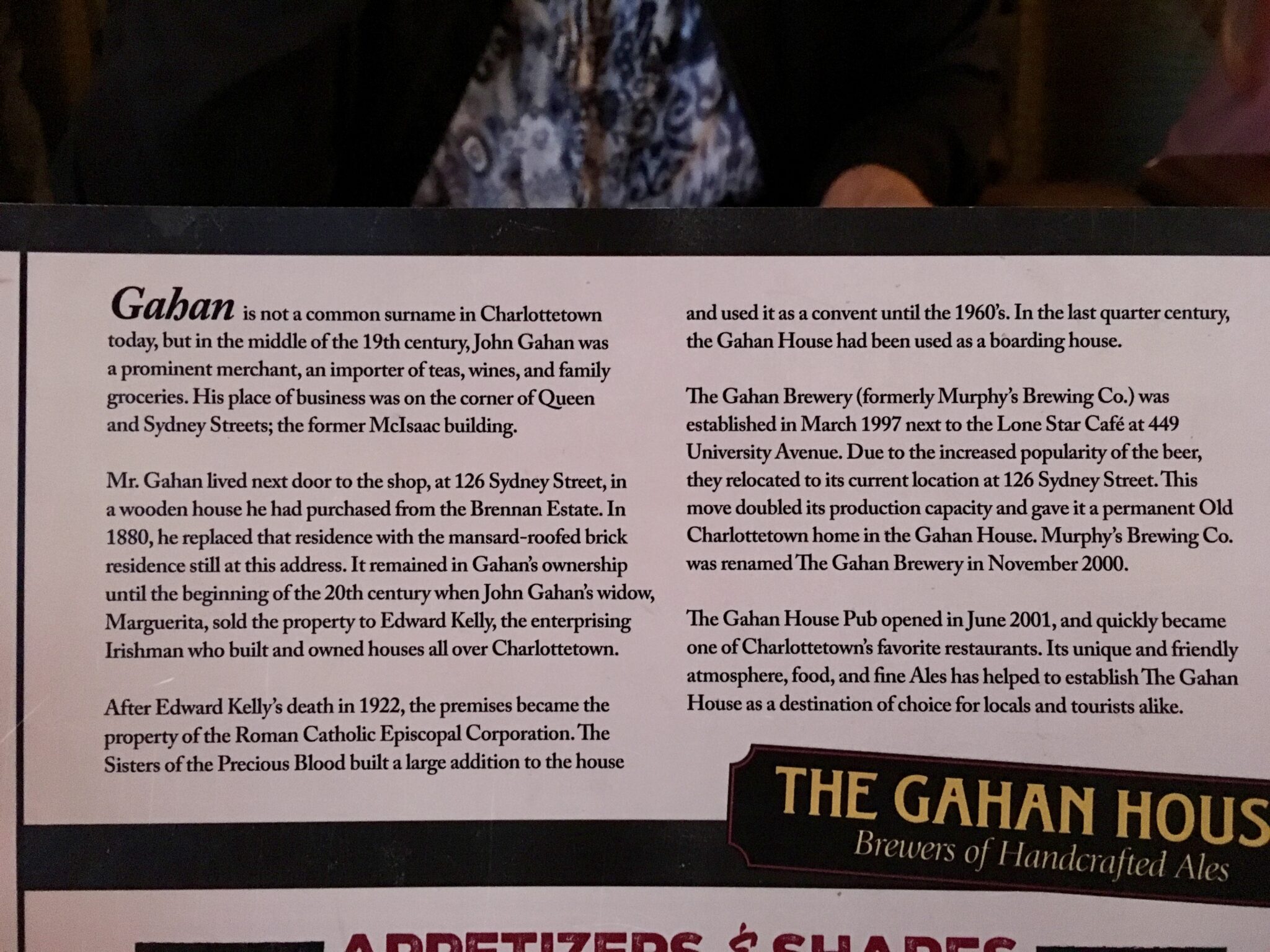 History of the Gahan House on the Top of the Menu