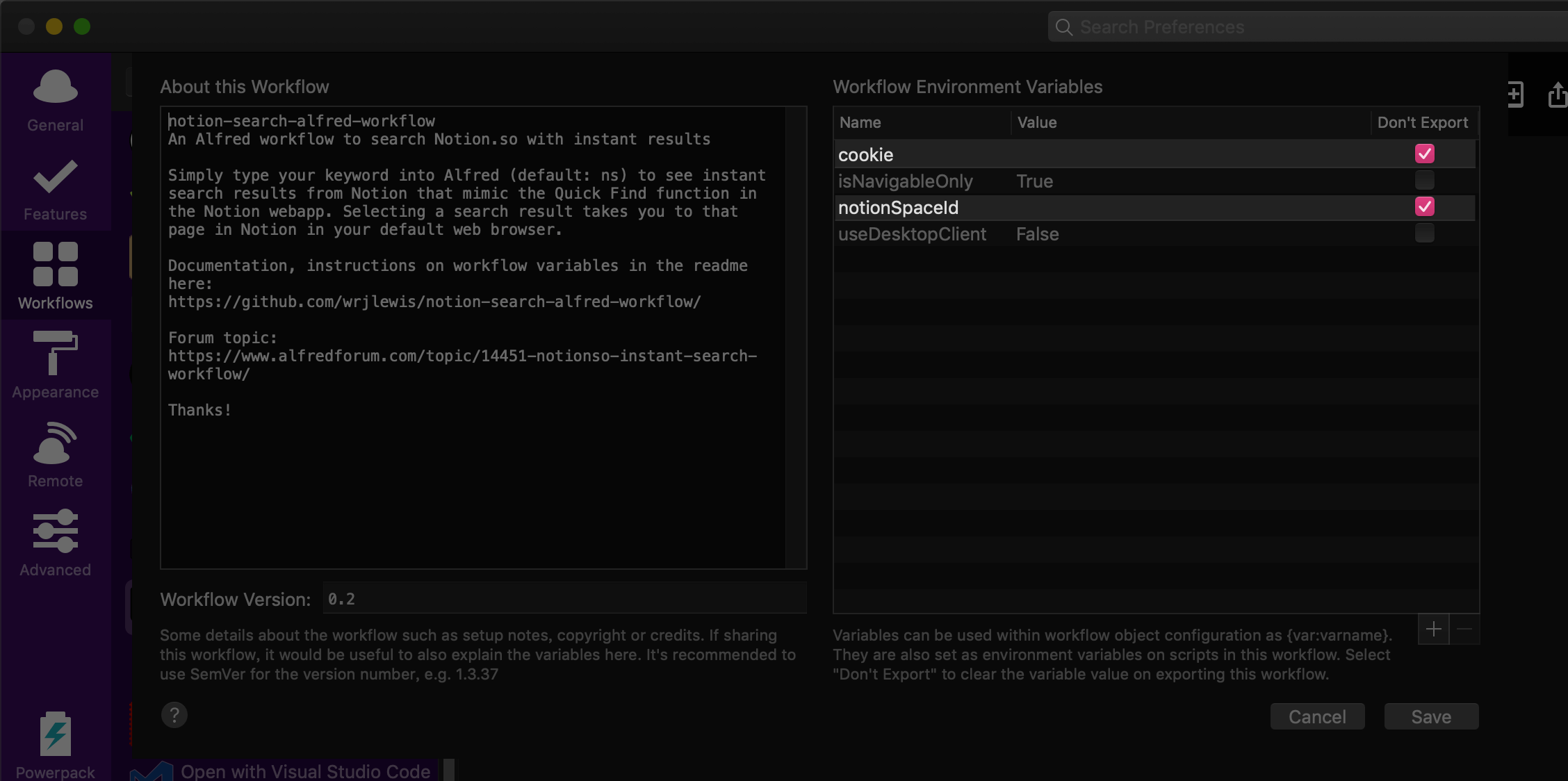 notion alfred workflow variable