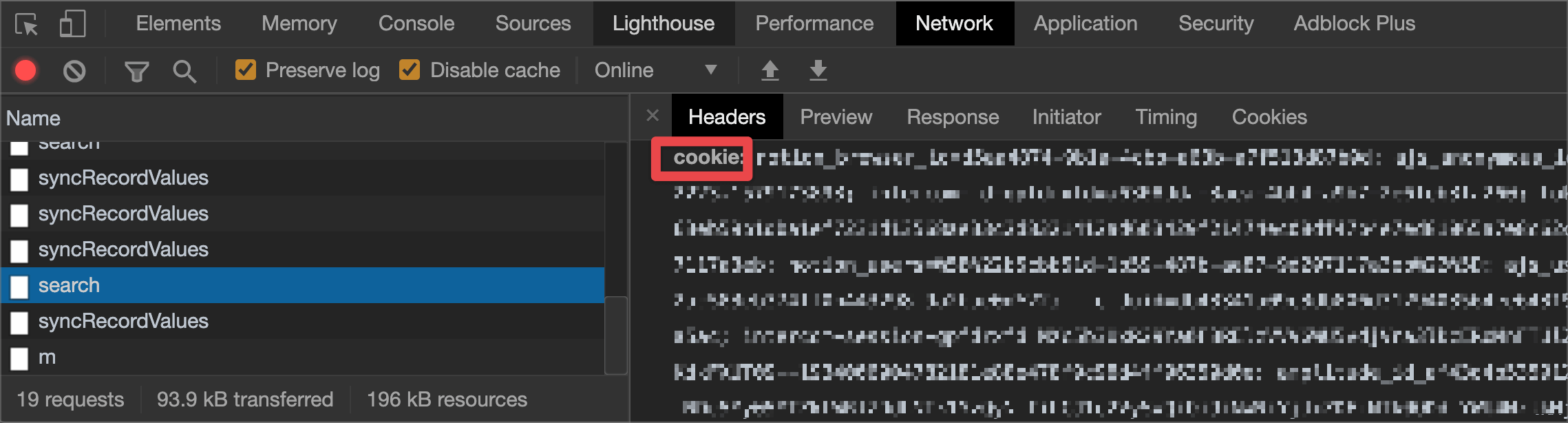 notion cookie in developer tool network panel