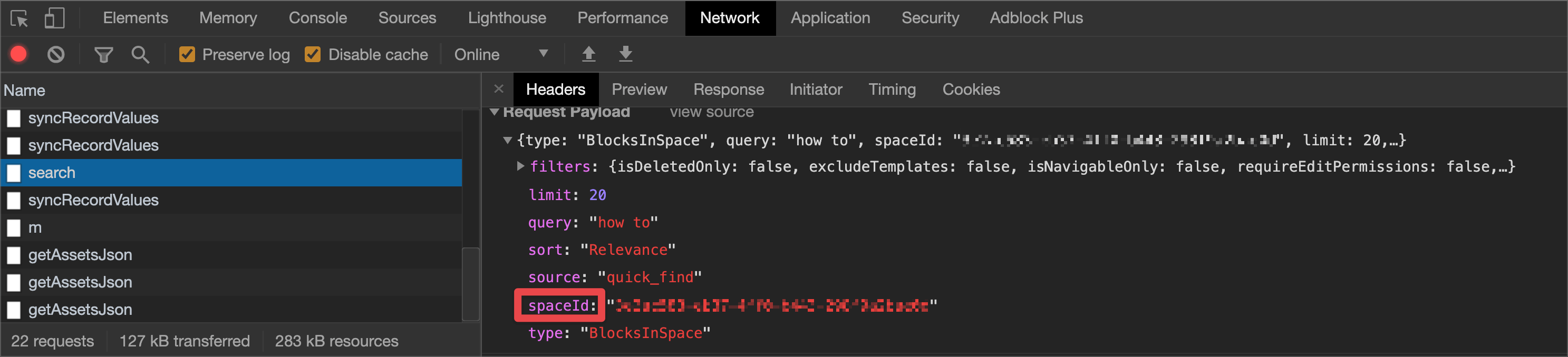 notion spaceId in network panel