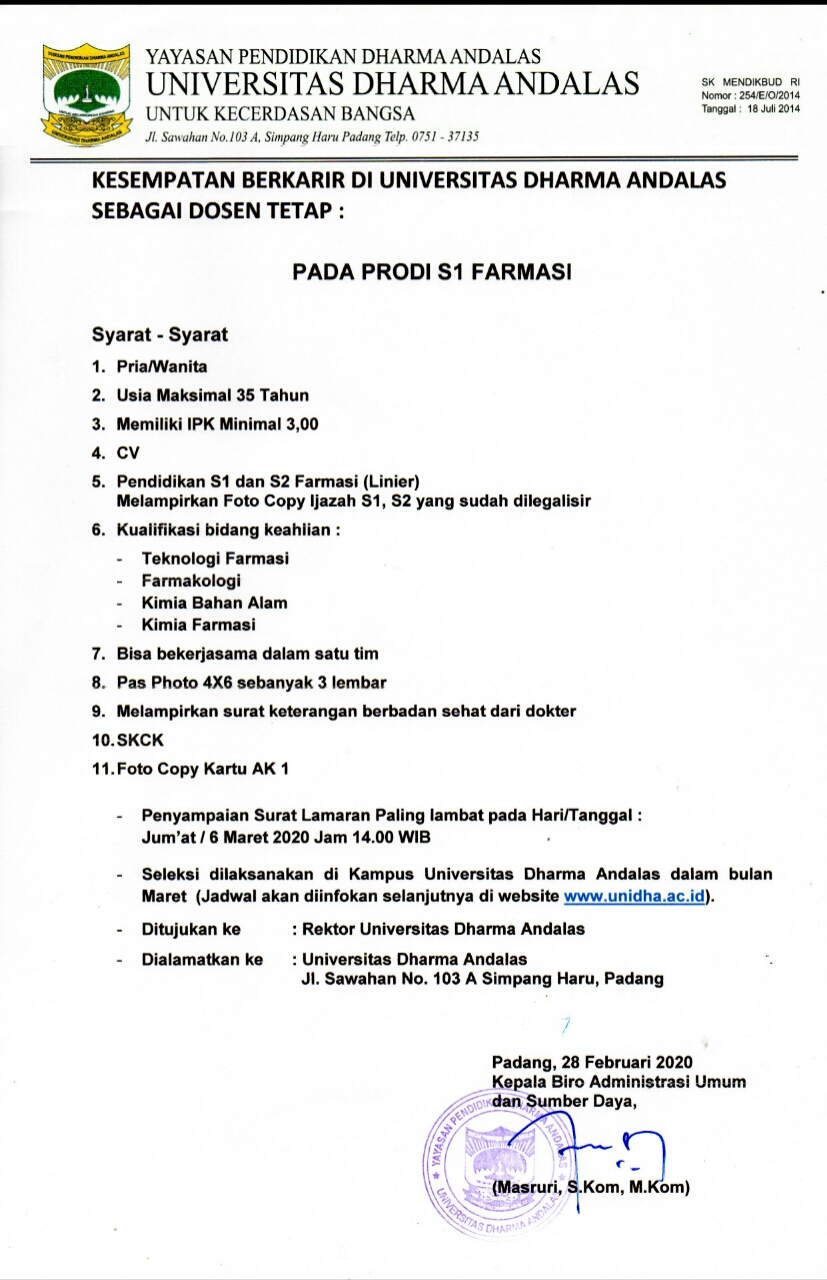 Job Opening UNIDHA | Universitas Dharma Andalas