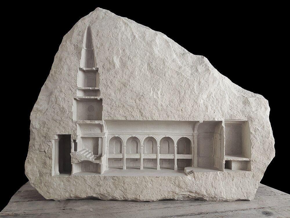 This stone, from the volterra region of italy, is a medium soft stone that will carve and polish easily. Miniature Architectural Interiors and Collections of Tiny Symbolic Objects Carved into White