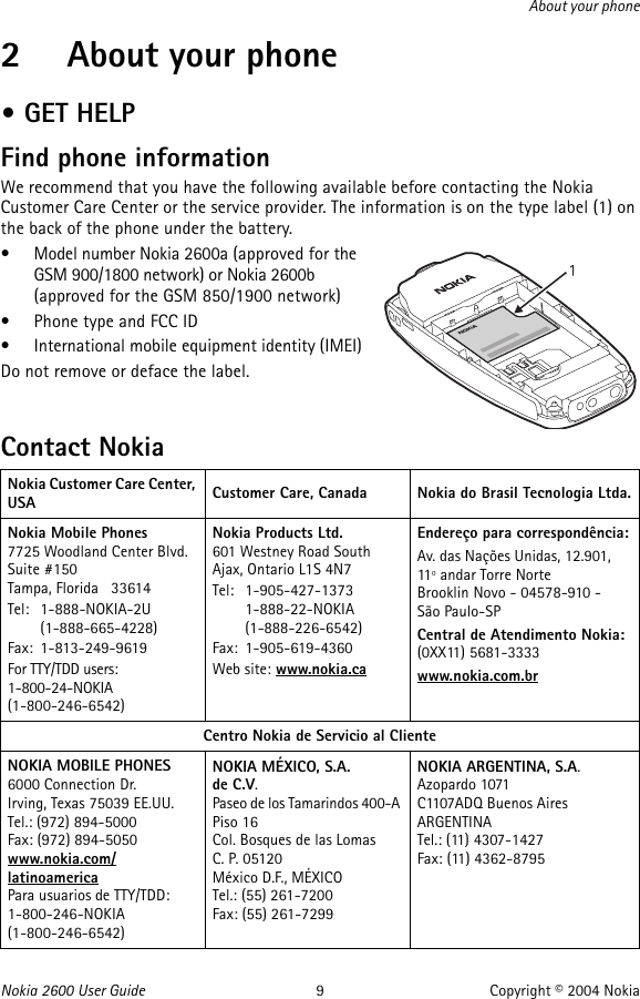 Nokia 2600 User Guide 2600 Trilingual 9232833