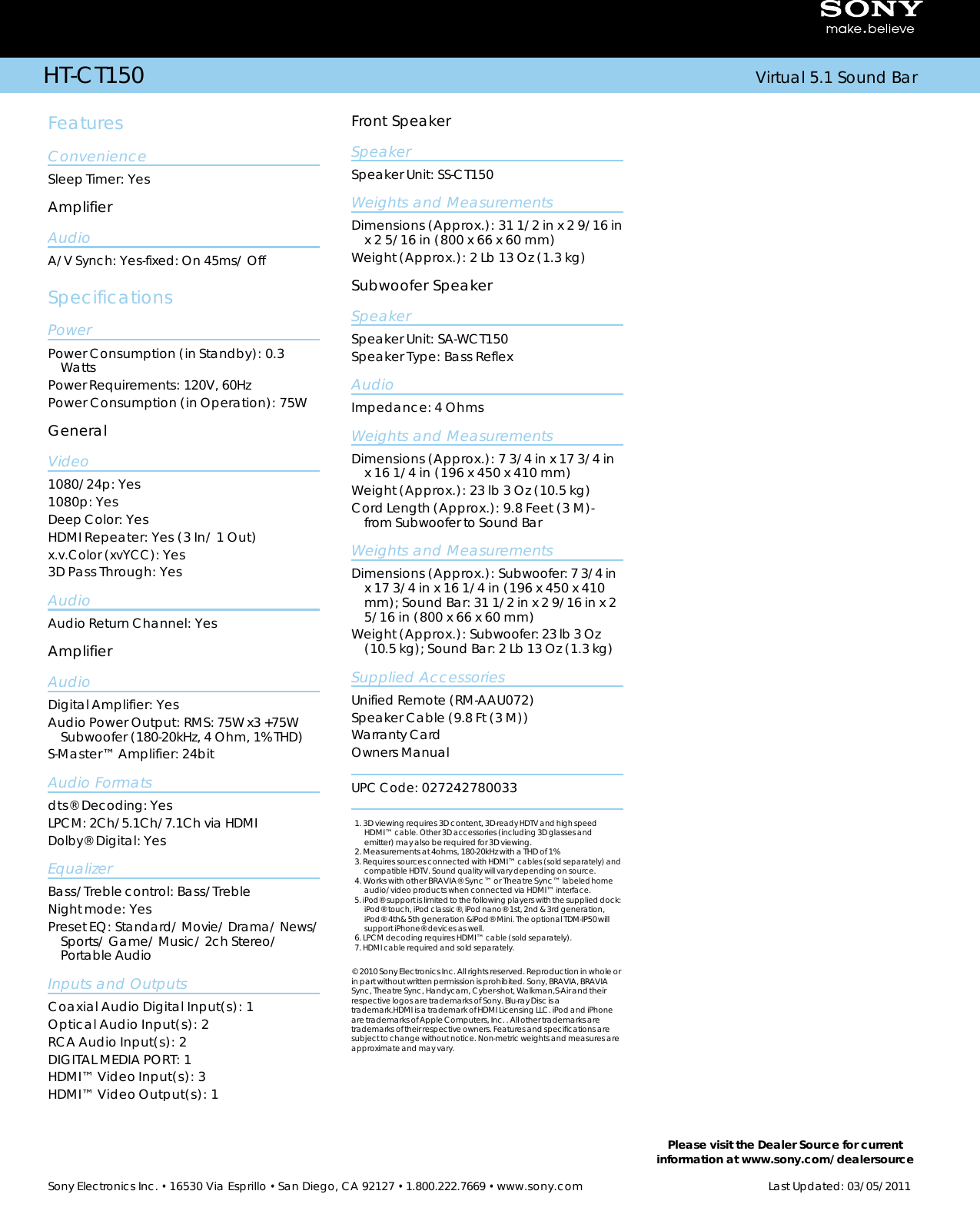 This video will guide you through the initial set up of a sony sound bar system. Sony Ht Ct150 User Manual Marketing Specifications Htct150 Htct150 Mksp