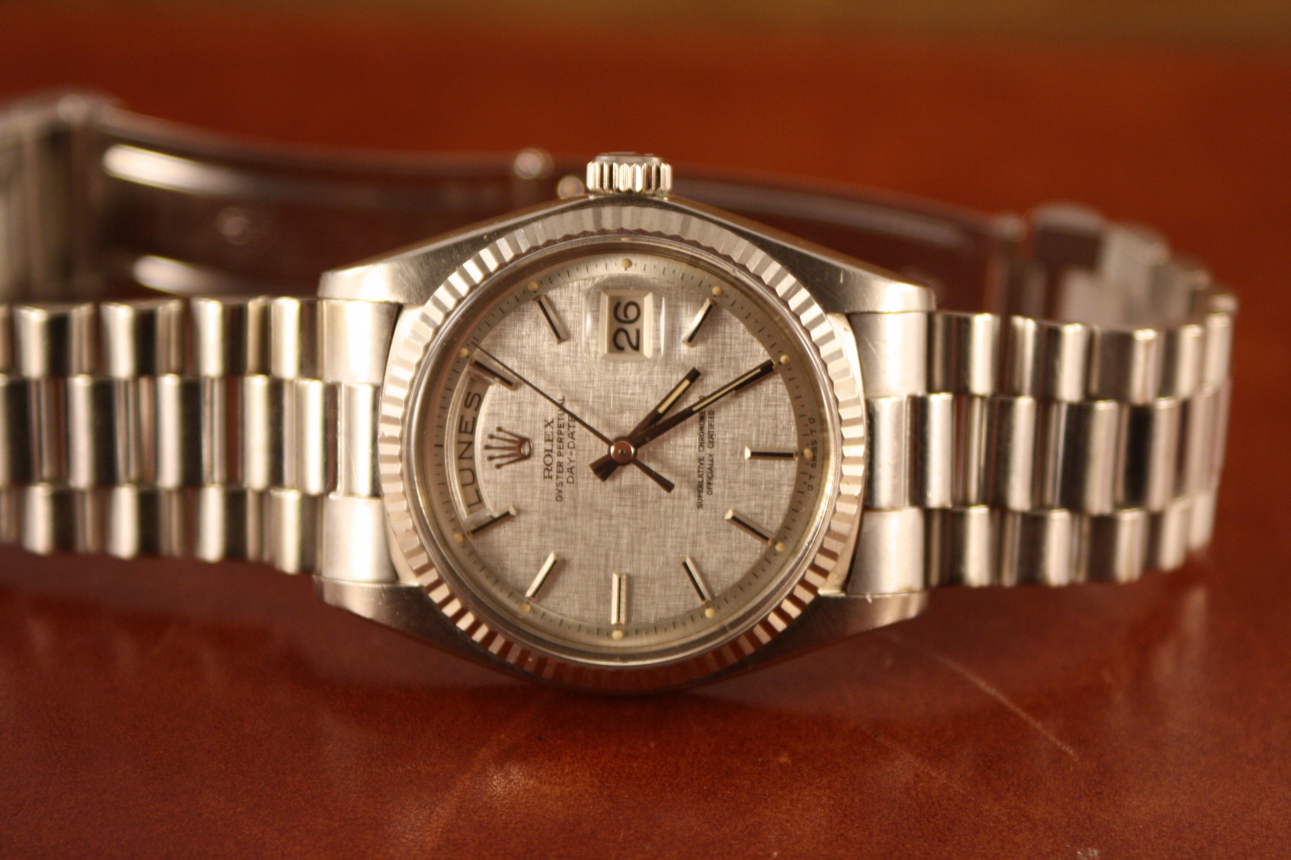 Rolex Day Date White Gold Linen Dial Ref 1803 From 1975 Vintage Times Amsterdam