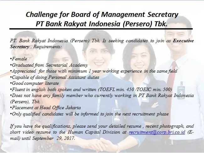Lowongan Kerja Bank BRI Posisi Sekretaris Manajemen | Program Pendidikan  Vokasi Universitas Indonesia