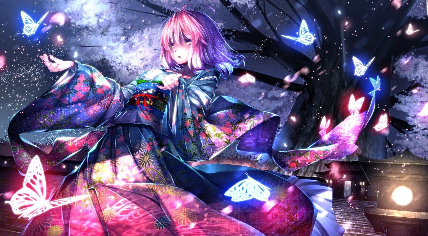 This hd wallpaper is about purple haired anime girl wearing blue kimono dress, anime girls, original wallpaper dimensions is 1448x800px, . Anime Kimono Wallpapers Wallpaper Cave