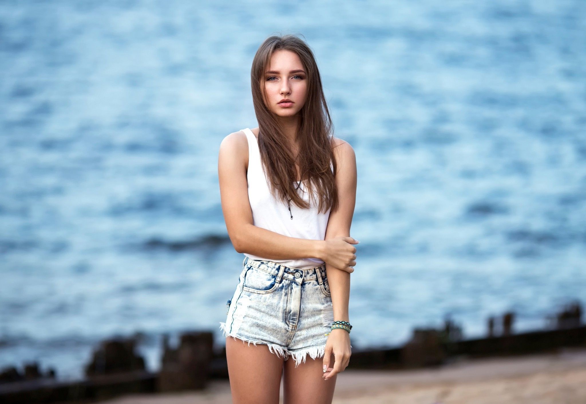 Women brunette face sitting women outdoors brown eyes jean shorts chair portrait depth of field wallpaper resolution: . Women In Jeans Wallpapers Wallpaper Cave