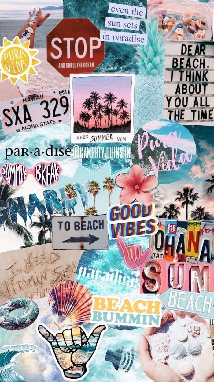 A summer vibes vsco wallpaper featuring collage of tropical beach views and beach statements. Summer Aesthetic Collage Wallpapers Wallpaper Cave