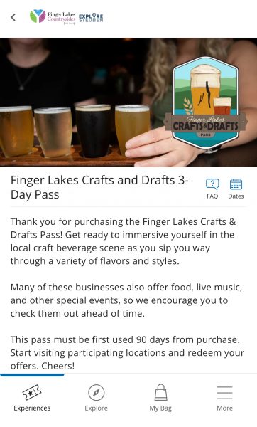 Cell phone screenshot of the Craft and Drafts Passport 3-Day Pass