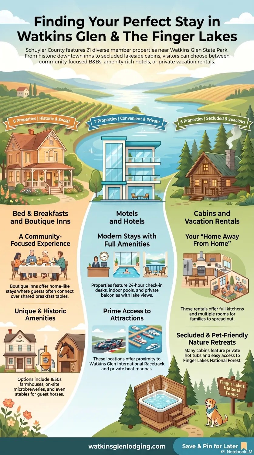Illustrated infographic titled 'Finding Your Perfect Stay in Watkins Glen & The Finger Lakes.' The guide compares lodging options including bed and breakfasts and boutique inns, motels and hotels, and cabins and vacation rentals. It highlights amenities, privacy levels, historic features, family accommodations, lake access, and proximity to Finger Lakes attractions and Watkins Glen State Park.