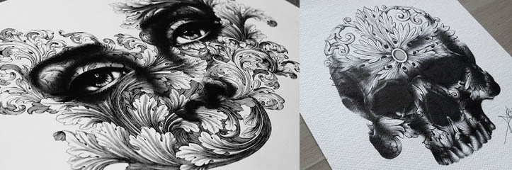 絶妙なペン絵画が何千というごく小さい点で作られます