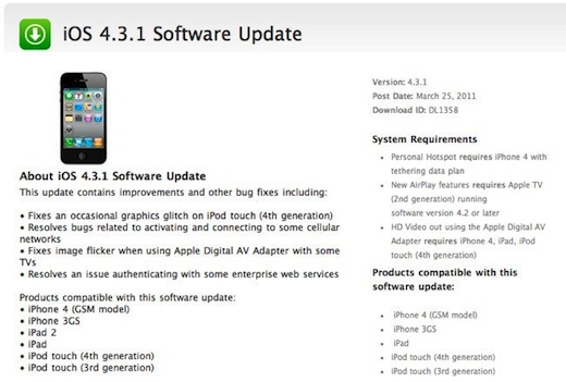 iOS 4.3.1 disponible para su descarga