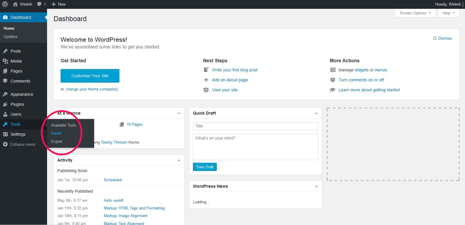 Go to tools > import, and then click . How to Import Dummy Data in WordPress using XML file - Webriti Help Centre