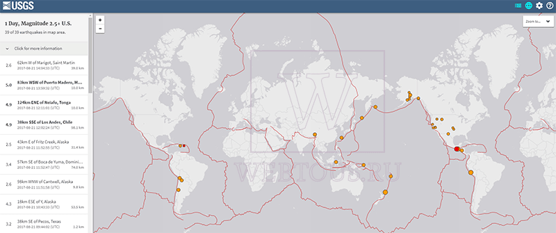 Карта землетрясений онлайн в реальном времени на русском