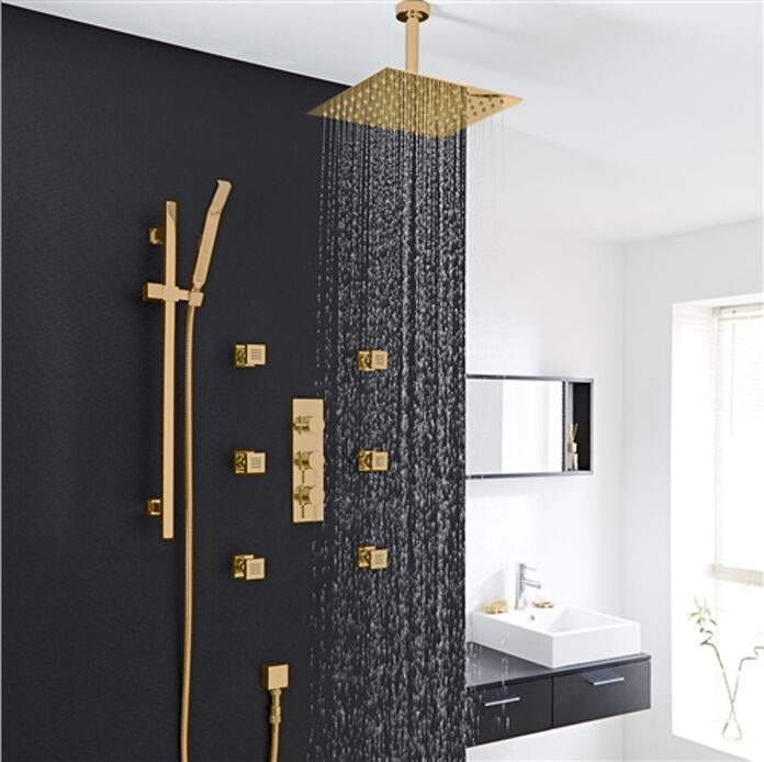 Brushed brass and matte blac. Gold Square Ceiling Shower Head Set with 6 Shower Body