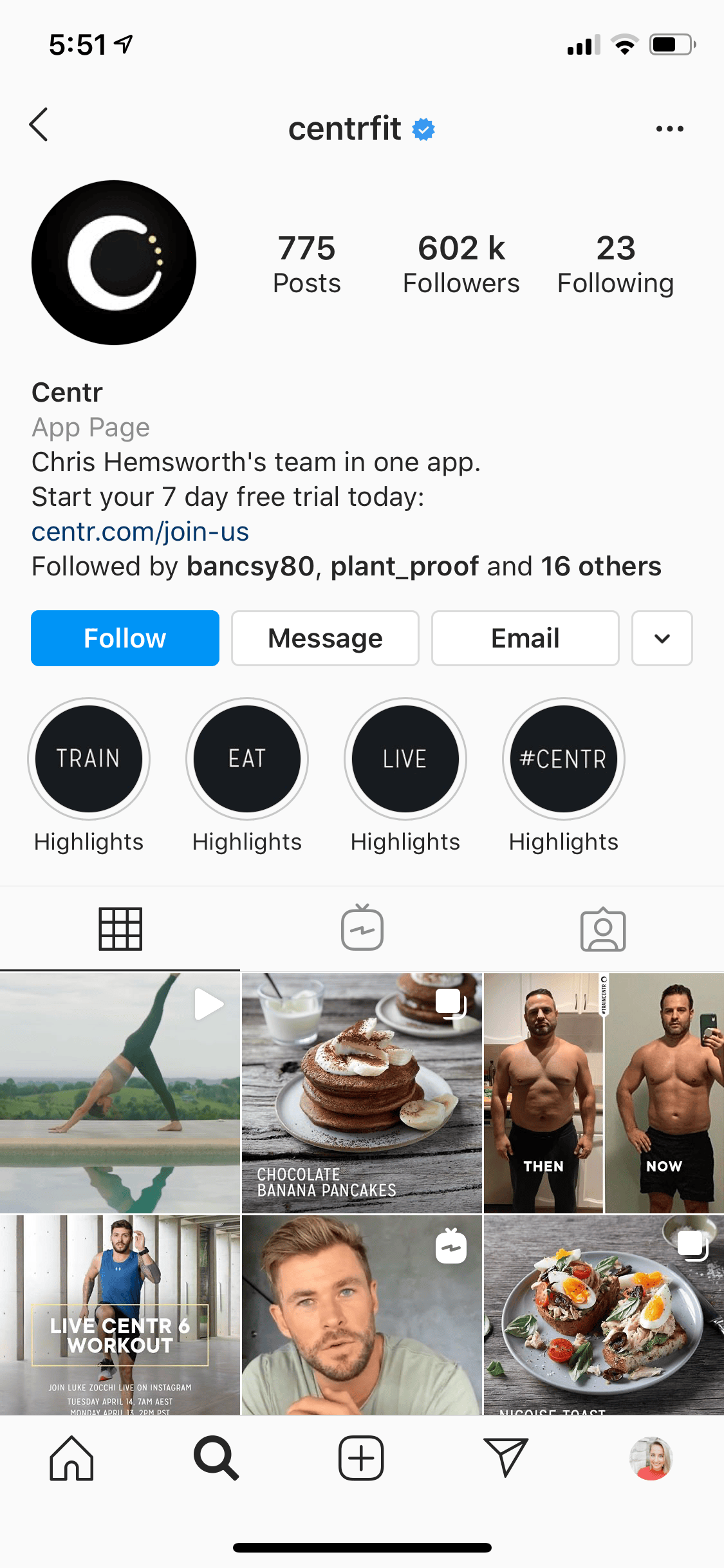 Screenshot of the Instagram homepage for @centrfit