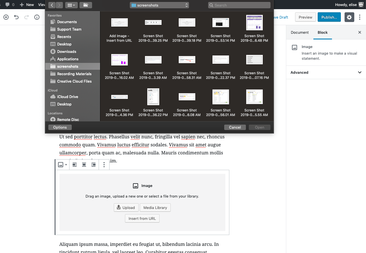Click the Upload button and select an image to add to the Image block.