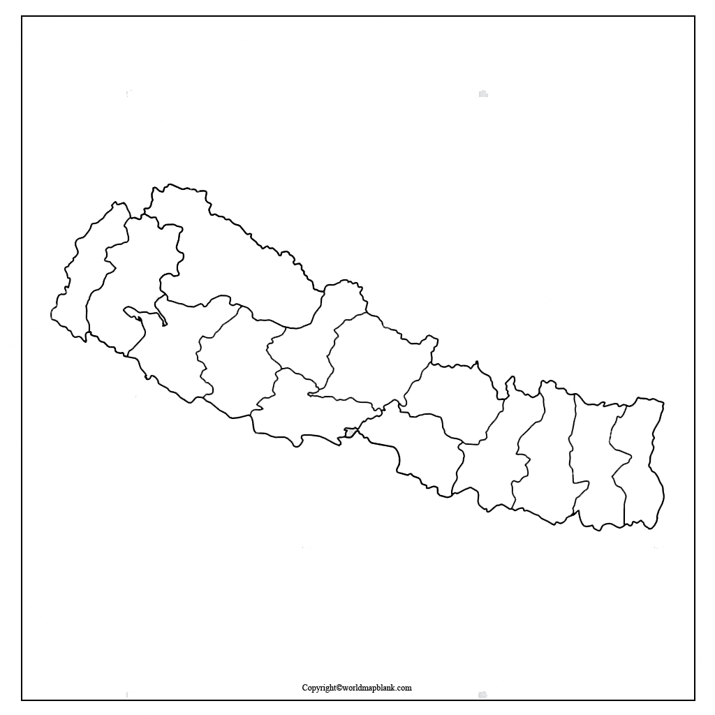 Its territory extends roughly 500 miles (800 kilometres) from east to west and 90 to 150 miles from north to south. Printable Blank Map of Nepal - Outline, Transparent, PNG map