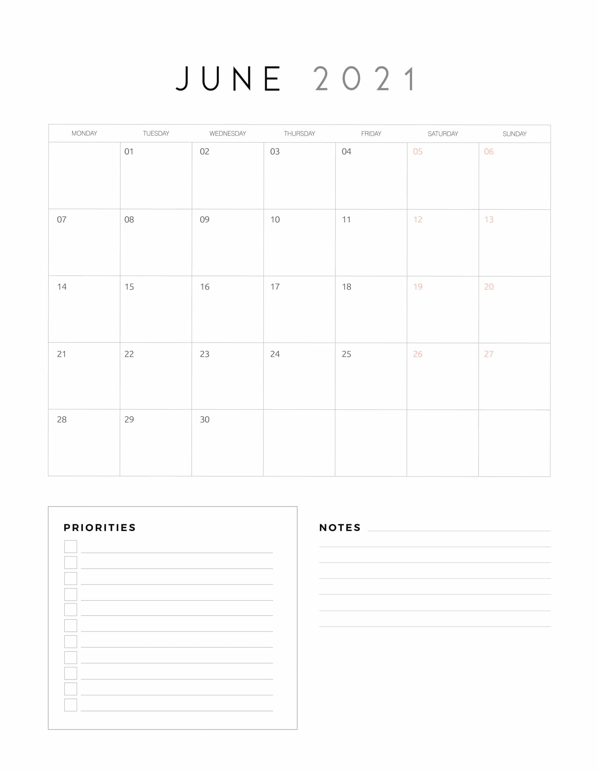 2021 calendar with priorities and notes world of printables