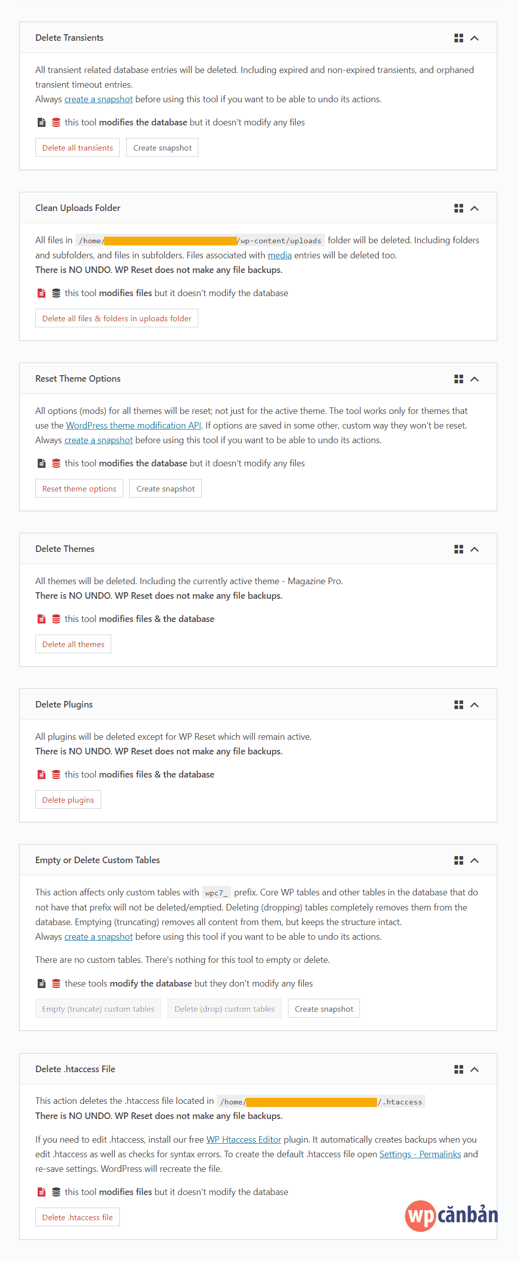 On your wordpress dashboard, go to tools >> advanced wp reset to open the plugin menu. Reset website WordPress về trạng thái xuất xưởng - WP Căn bản