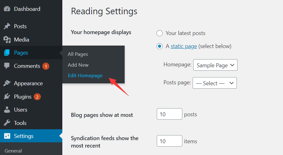 Go to appearance, select one theme (any one you like) and activate it. Edit Wordpress Homepage From Admin Sidebar - Edit Homepage | WP Missing